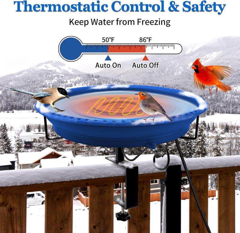 Lovppy Heated Bird Baths for Outdoors for Winter, 100W Heated Bird Bath Water Heater with Thermostatically Controlled, Heated Bird Bath for Deck Railing Outside Garden Patio Yard (Blue) - Image 4